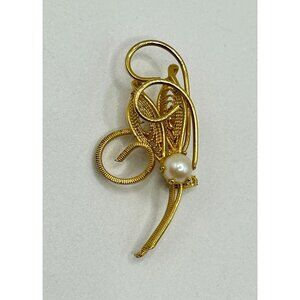 Vintage Filigree Gold Tone Leaves & Faux Pearl Brooch Pin
